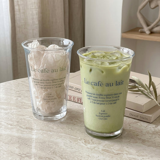 Glass Coffee Mug with Printed Lettering for Lattes and Filter Coffee